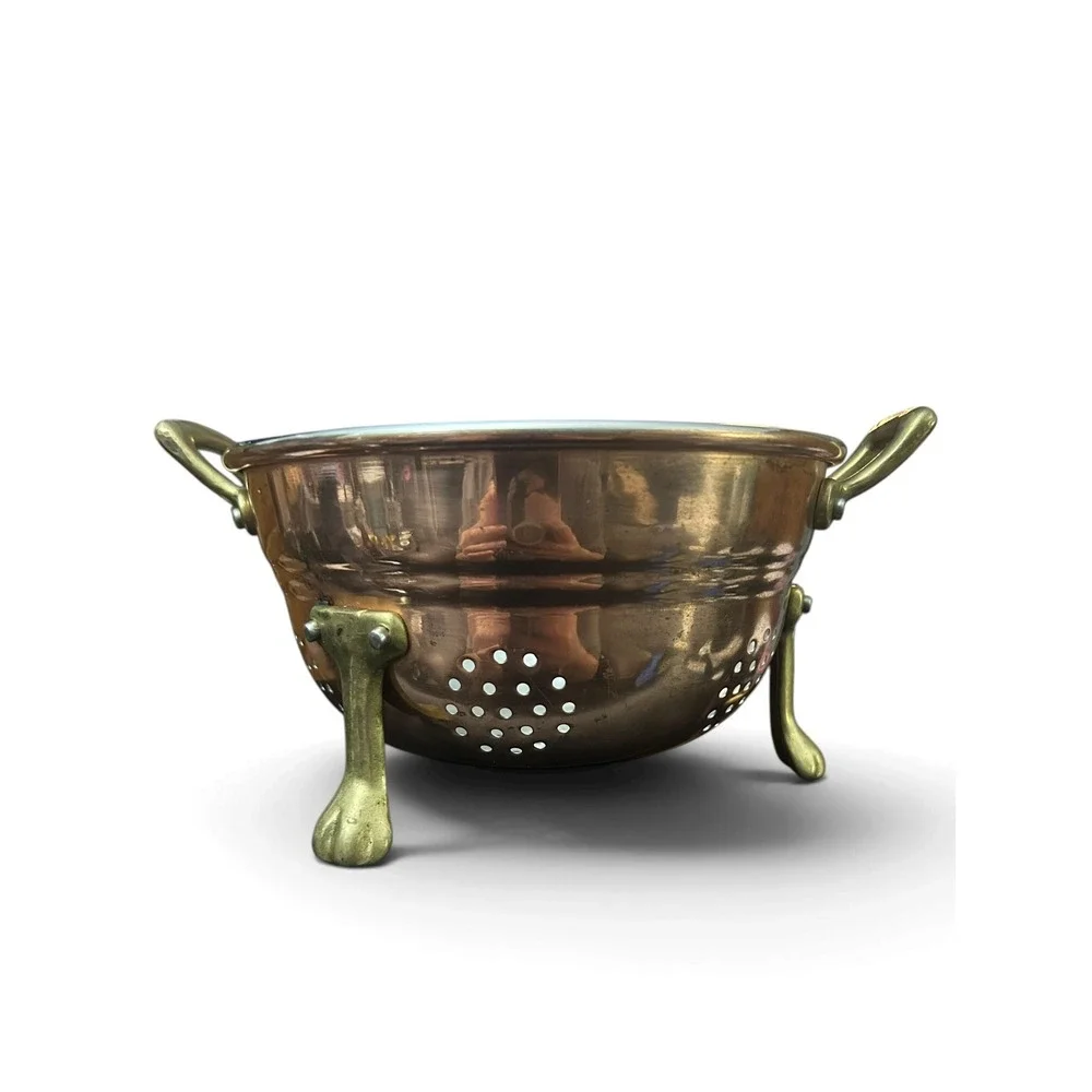 Vintage Solid Copper Colander Footed Brass Tripod Lion Paw Handles 70s Hang Tag